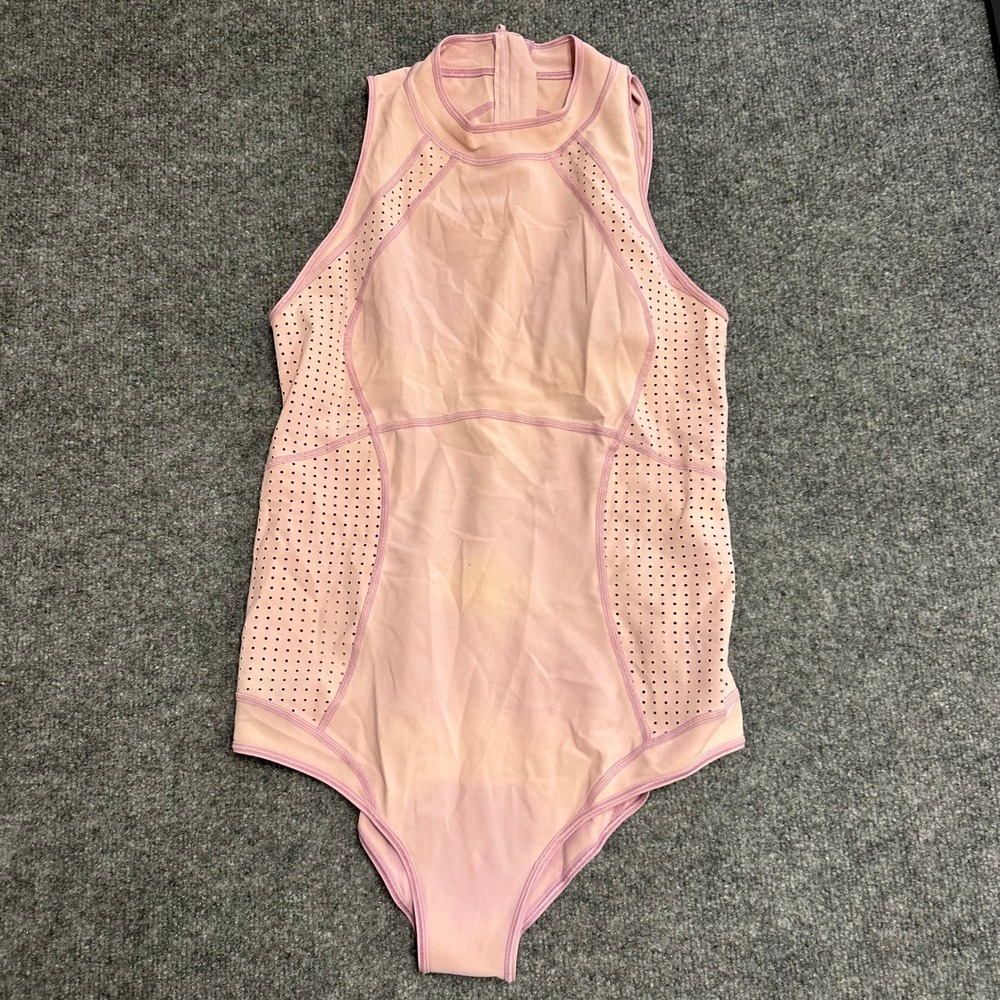 Lululemon Bodysuit Womens Size 6 Pink Perforated Mock Neck Zip Back Athletic